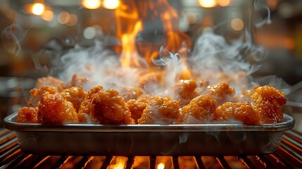 vibrant image of crispy fried chicken pieces sizzling on a grill, with flames and delicious caramelization, capturing the excitement of cooking. Ideal for themes of food, cooking, and culinary 