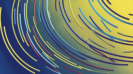 Top view of curved multicolored lines on blue and yellow background