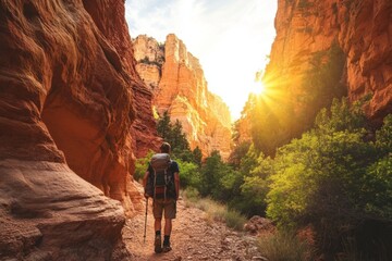 Wall Mural - A hiker explores a stunning canyon at sunset. The warm colors of the rocks shine under the golden light. Nature offers beauty and adventure. Generative AI.