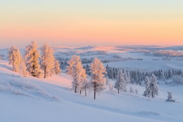 Wall Mural - A serene winter landscape with snow-covered trees and soft pastel skies at sunset.