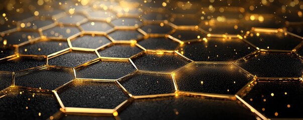 A stunning close-up of golden hexagons on a dark background, showcasing intricate patterns with a shimmering effect.