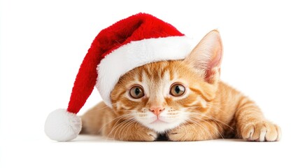 Close-Up of a Playful Red Tabby Cat in a Santa Hat, isolated on white background