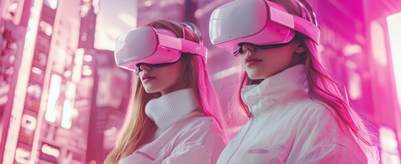 Sticker - Two Women Wearing Pink Virtual Reality Headsets in a Neon Lit City