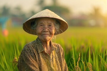 Poster - Asian old woman farmer field outdoors smiling.