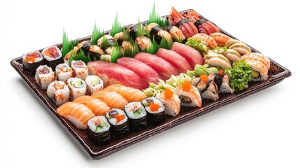 Canvas Print - A studio-style display of a traditional Japanese sushi platter, with nigiri, sashimi, and maki rolls,