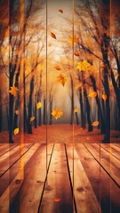 Wall Mural - Striped wooden background on beautiful blurred autumnal wallpaper