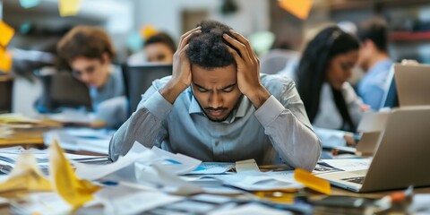 A man is sitting at a desk with papers and a laptop. He is looking at the papers and he is in a state of panic