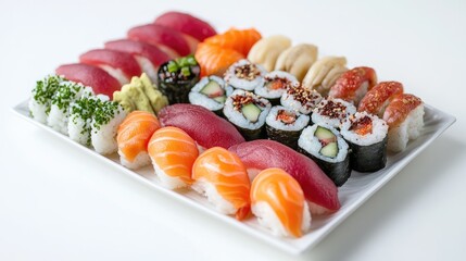 Wall Mural - A traditional Japanese sushi platter with nigiri, sashimi, and maki rolls, artfully arranged on a white background