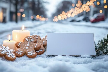 Sticker - Gingerbread Men, Candles, and Blank Card in Snowy Winter Scene