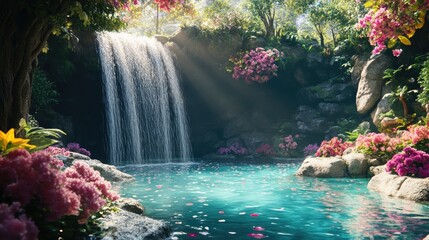 Wall Mural - A tranquil scene of a waterfall flowing into a crystal-clear pool, bordered by blooming flowers and lush greenery.