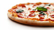 © Nano Photos - A delicious pepperoni pizza topped with fresh basil leaves, baked to perfection with a golden crust and melted cheese, showcased on a clean white background.