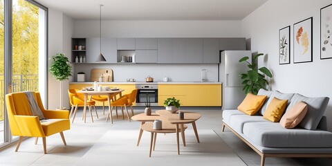 Wall Mural - A modern and minimalist living room with white walls, a grey sofa, yellow pillows, a gray carpet, a wooden floor, a TV mounted on the wall, a dining table in the corner of the space.