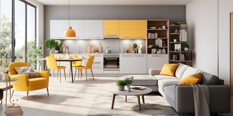 Wall Mural - A modern and minimalist living room with white walls, a grey sofa, yellow pillows, a gray carpet, a wooden floor, a TV mounted on the wall, a dining table in the corner of the space.