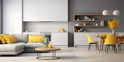 Sticker - A modern and minimalist living room with white walls, a grey sofa, yellow pillows, a gray carpet, a wooden floor, a TV mounted on the wall, a dining table in the corner of the space.