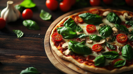 A freshly baked pizza topped with basil leaves, cherry tomatoes, and mushrooms on a wooden board, surrounded by garlic and more fresh ingredients.