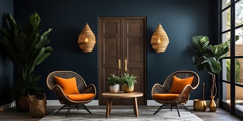 Wall Mural - Luxurious accent chair in wicker with an orange cushion, a large mirror on the wall above a side table with a white vase and a gold lamp, modern home decor, interior design photography