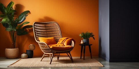 Luxurious accent chair in wicker with an orange cushion, a large mirror on the wall above a side table with a white vase and a gold lamp, modern home decor, interior design photography