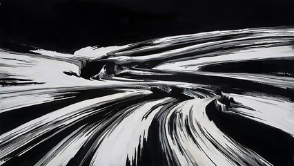 Abstract painting with white brush strokes on black