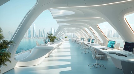 Wall Mural - Futuristic Office Space with Cityscape View