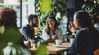 © fotofabrika - Engaging conversation among friends at a cozy café with plants in the background during a sunny afternoon
