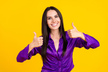 Wall Mural - Photo of positive lady make thumb up symbol isolated bright color background