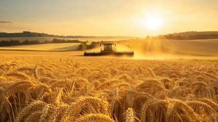 Wall Mural - Golden wheat fields under a bright sun, with a combine harvester in the distance, capturing the essence of modern agriculture