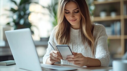 Poster - Young woman smiling at her phone, sitting at her desk with a laptop