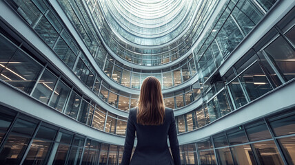 Wall Mural - a business woman looking up of a modern office building