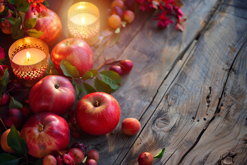 Wall Mural - Rosh Hashanah, jewish new year holiday concept with traditional symbols, apples, honey, pomegranate. Rosh hashanah background.