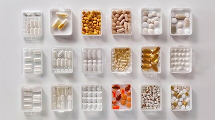 Variety of dietary supplements and vitamins arranged in containers, showcasing a colorful assortment of health products.