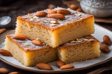 Egyptian basbousa a semolina cake soaked in syrup garnished with almonds, Ai Generated