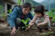 © Road Red Runner - A girl assists her parent in planting a young tree in a garden, promoting environmental care and family interaction.