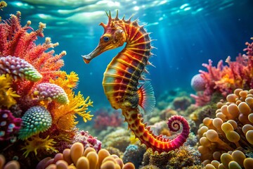 Wall Mural - A colorful lined seahorse swims vertically, its intricate patterned body glowing amidst coral and sea anemones in a