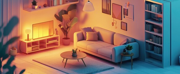 Canvas Print - Cozy Living Room with Sofa, TV, and Bookcase Under Warm Lighting