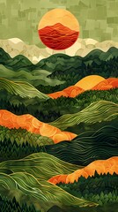 Wall Mural - Distant mountains and fields illustration poster background