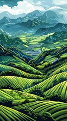 Wall Mural - Distant mountains and fields illustration poster background