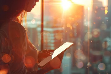 Silhouette of a woman using a tablet device against a sunset backdrop, capturing innovation and lifestyle in a modern city.