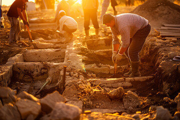 Wall Mural - archaeologists at work during sunset at historical dig site