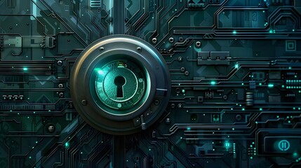 Wall Mural - Futuristic digital security concept with a glowing keyhole in the center, surrounded by intricate circuit board patterns and technology elements.