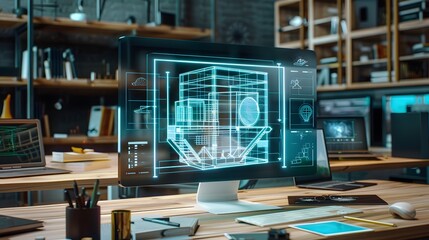 Futuristic office with computer displaying 3D holographic design, showcasing technology and modern work environment.