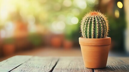 Wall Mural - Cozy Rustic Home Decor: Cactus on Wooden Table with Soft Side Lighting