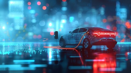 Wall Mural - futuristic electric car charging at night in front of a digital cityscape with red and blue hues. ci