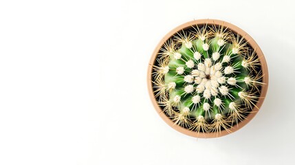 Wall Mural - Minimalist Cactus Elegance: Overhead View of Potted Cactus in Soft Morning Light on Modern White Background