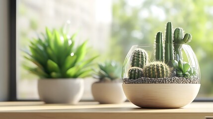 Wall Mural - Serene Cacti Terrarium Adorning Wooden Shelf in Minimalist Interior Bathed in Natural Light