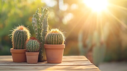 Wall Mural - Diverse Cacti Displayed Under Intense Sunlight on Wooden Table in Cozy Outdoor Setting