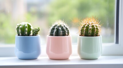 Wall Mural - Serene Small Cacti in Pastel Pots on Sunlit Windowsill in Modern Interior Decor