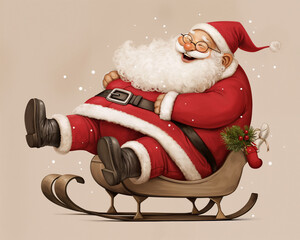 Joyful Santa Claus on a Wooden Sleigh