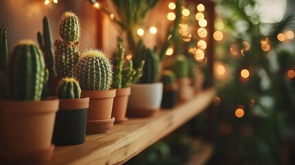 Wall Mural - Cozy Home Office Decor with Collection of Cacti on Wooden Shelf in Warm Ambient Light