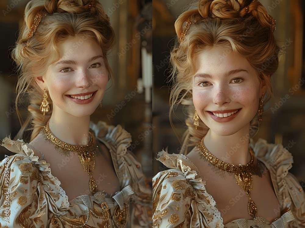 Elegant portrait of a young woman in vintage attire, shown in two color ...