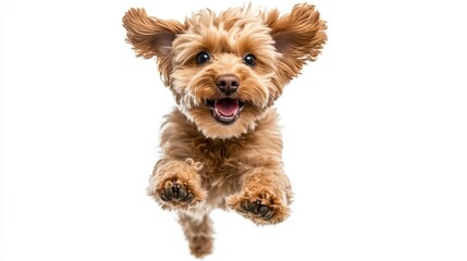 Happy Cavoodle Cavapoo Young Dog Runs and jumps isolated on white background